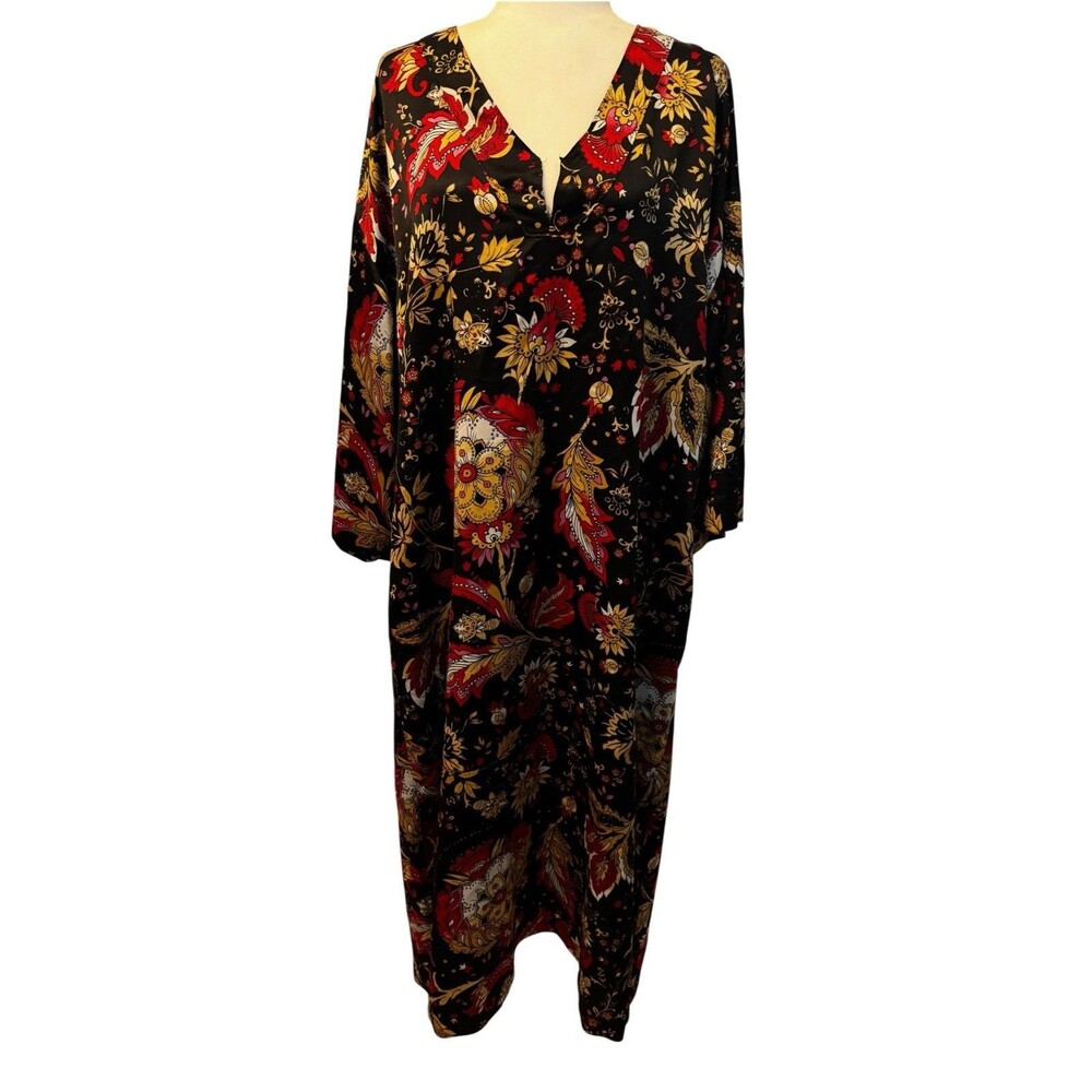 Natori Floral Caftan XL Paisley Black Red Satin House Dress Maxi Pullover